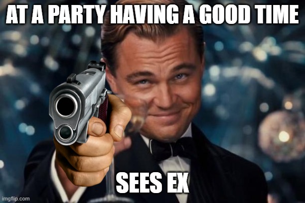 Leonardo Dicaprio Cheers | AT A PARTY HAVING A GOOD TIME; SEES EX | image tagged in memes,leonardo dicaprio cheers | made w/ Imgflip meme maker