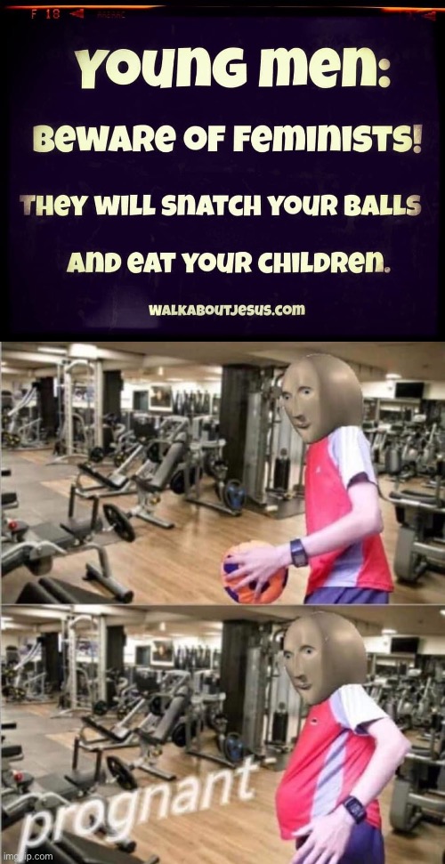 They will snatch your balls and then impregnate your son with them. Then eat him | image tagged in young men beware of feminists,meme man prognant,feminist,feminism,feminism is cancer,pregnant | made w/ Imgflip meme maker