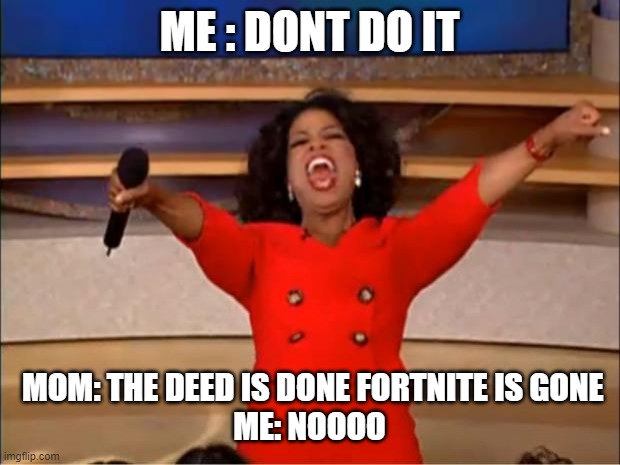 Oprah You Get A Meme | ME : DONT DO IT; MOM: THE DEED IS DONE FORTNITE IS GONE




ME: NOOOO | image tagged in memes,oprah you get a | made w/ Imgflip meme maker