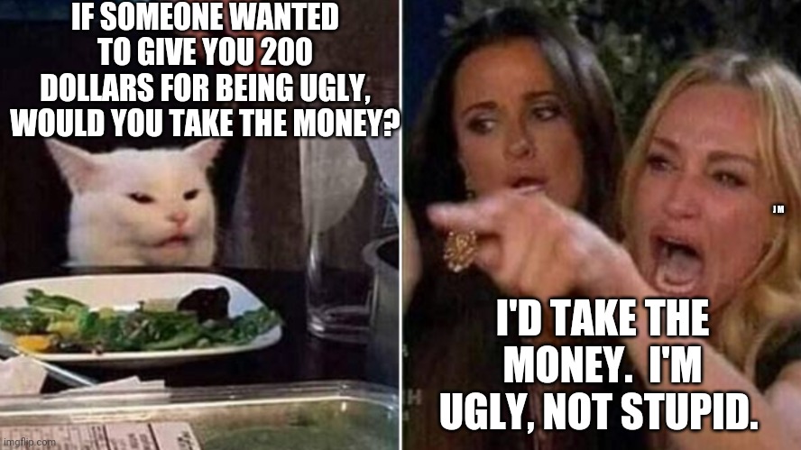 Reverse Smudge and Karen | IF SOMEONE WANTED TO GIVE YOU 200 DOLLARS FOR BEING UGLY, WOULD YOU TAKE THE MONEY? J M; I'D TAKE THE MONEY.  I'M UGLY, NOT STUPID. | image tagged in reverse smudge and karen | made w/ Imgflip meme maker