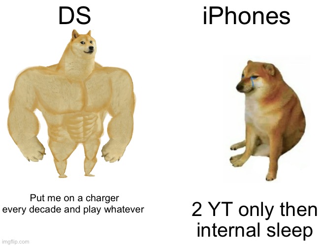 Buff Doge vs. Cheems Meme | DS; iPhones; Put me on a charger every decade and play whatever; 2 YT only then internal sleep | image tagged in memes,buff doge vs cheems | made w/ Imgflip meme maker