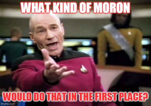 Picard Wtf Meme | WHAT KIND OF MORON WOULD DO THAT IN THE FIRST PLACE? | image tagged in memes,picard wtf | made w/ Imgflip meme maker