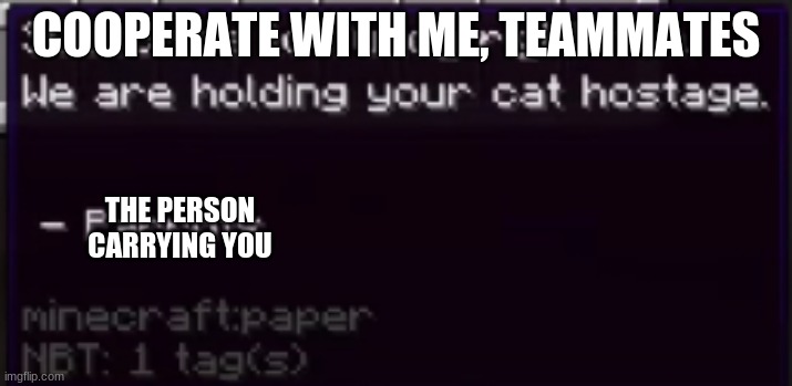 we are holding your cat hostage | COOPERATE WITH ME, TEAMMATES; THE PERSON CARRYING YOU | image tagged in we are holding your cat hostage | made w/ Imgflip meme maker