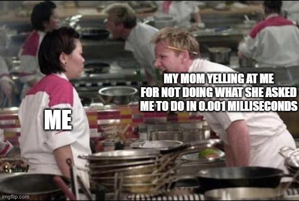 kill me |  MY MOM YELLING AT ME FOR NOT DOING WHAT SHE ASKED ME TO DO IN 0.001 MILLISECONDS; ME | image tagged in memes,angry chef gordon ramsay | made w/ Imgflip meme maker