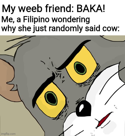 Unsettled Tom Meme | My weeb friend: BAKA! Me, a Filipino wondering why she just randomly said cow: | image tagged in memes,unsettled tom | made w/ Imgflip meme maker