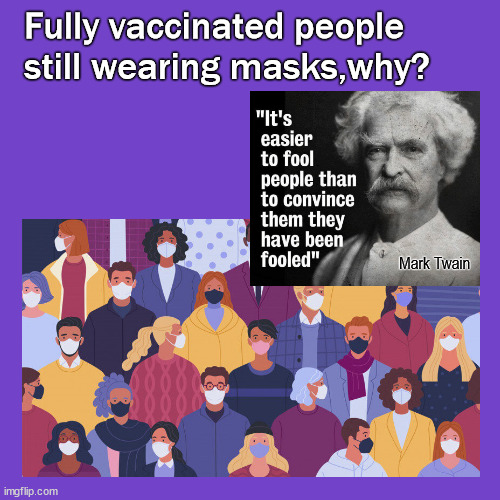 Fully vaccinated people don't need masks | Fully vaccinated people 
still wearing masks,why? Mark Twain | image tagged in mark twain thought,politics | made w/ Imgflip meme maker