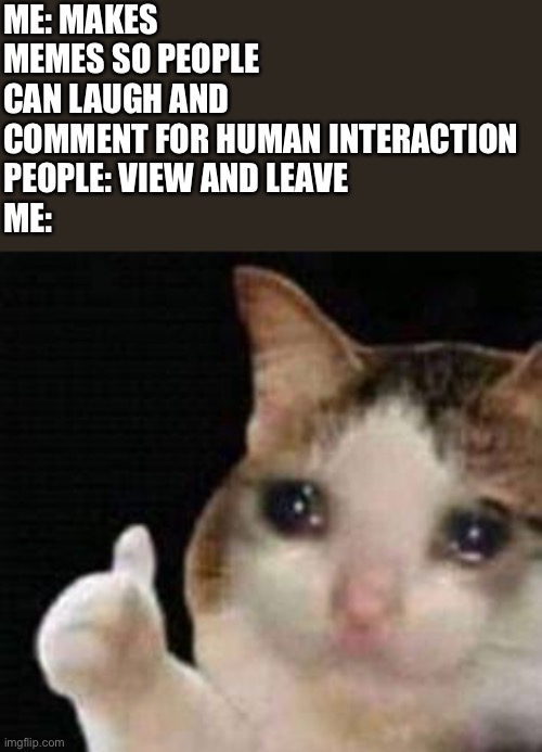 :( | ME: MAKES MEMES SO PEOPLE CAN LAUGH AND  COMMENT FOR HUMAN INTERACTION
PEOPLE: VIEW AND LEAVE
ME: | image tagged in approved crying cat | made w/ Imgflip meme maker