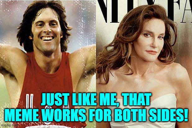 JUST LIKE ME, THAT MEME WORKS FOR BOTH SIDES! | image tagged in bruce caitlyn jenner | made w/ Imgflip meme maker