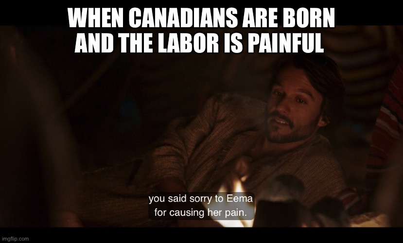 This is how Canadians are born. They apologize to their mothers for the pain. | WHEN CANADIANS ARE BORN AND THE LABOR IS PAINFUL | image tagged in the chosen,sorry,canada,canadian,polite | made w/ Imgflip meme maker