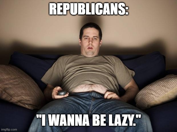 lazy fat guy on the couch | REPUBLICANS: "I WANNA BE LAZY." | image tagged in lazy fat guy on the couch | made w/ Imgflip meme maker