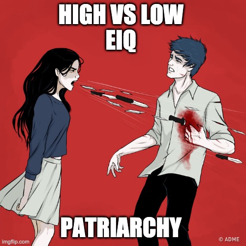 high vs low eiq | HIGH VS LOW 
EIQ; PATRIARCHY | image tagged in woman shouting knives | made w/ Imgflip meme maker