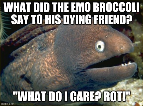Bob and Larry are shooketh right now. | WHAT DID THE EMO BROCCOLI SAY TO HIS DYING FRIEND? "WHAT DO I CARE? ROT!" | image tagged in memes,bad joke eel,emo,vegetables,broccoli,dark humor | made w/ Imgflip meme maker