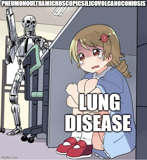 pneumonoultramicroscopicsilicovolcanoconiosis | PNEUMONOULTRAMICROSCOPICSILICOVOLCANOCONIOSIS; LUNG DISEASE | image tagged in anime girl hiding from terminator | made w/ Imgflip meme maker