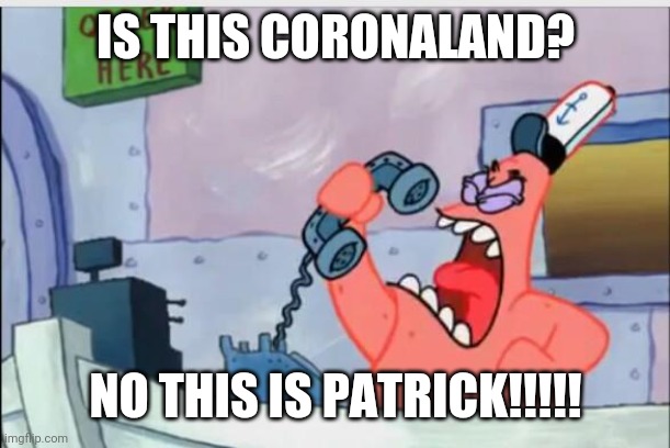WAHAHAHAHAHAHAHAHAHAHA!!!!! | IS THIS CORONALAND? NO THIS IS PATRICK!!!!! | image tagged in no this is patrick,memes,coronavirus,covid-19,hahahaha | made w/ Imgflip meme maker