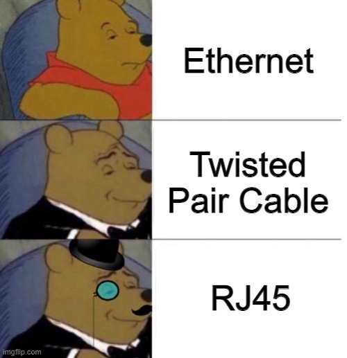 Tuxedo Winnie the Pooh (3 panel) |  Ethernet; Twisted Pair Cable; RJ45 | image tagged in tuxedo winnie the pooh 3 panel | made w/ Imgflip meme maker