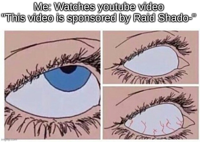 summarizes what happens | Me: Watches youtube video
"This video is sponsored by Raid Shado-" | image tagged in eye roll,raid shadow legends,youtube,video | made w/ Imgflip meme maker
