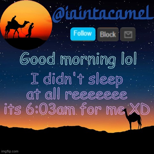 is anyone awake- | Good morning lol; I didn't sleep at all reeeeeee its 6:03am for me XD | image tagged in iaintacamel | made w/ Imgflip meme maker