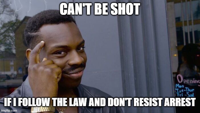 Roll Safe Think About It Meme | CAN'T BE SHOT IF I FOLLOW THE LAW AND DON'T RESIST ARREST | image tagged in memes,roll safe think about it | made w/ Imgflip meme maker