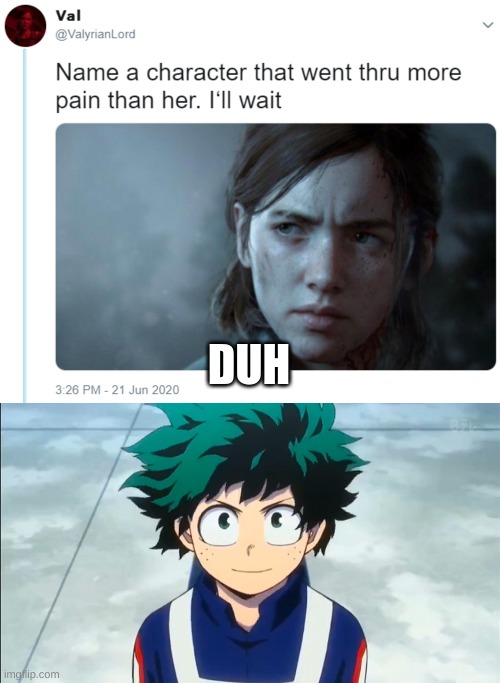 Duh, you dumbass. | DUH | image tagged in name one character who went through more pain than her,deku | made w/ Imgflip meme maker