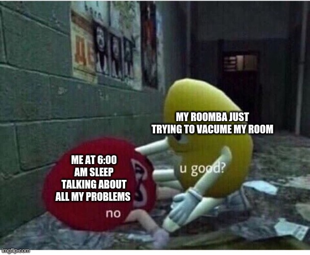I JUST WOKE UP TO MYSELF TALKING TO MY ROOMBA WTF LOL |  MY ROOMBA JUST TRYING TO VACUME MY ROOM; ME AT 6:00 AM SLEEP TALKING ABOUT ALL MY PROBLEMS | image tagged in u good no | made w/ Imgflip meme maker