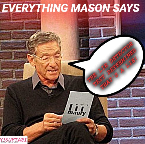 Why you always telling lies? | EVERYTHING MASON SAYS; THE LIE DETECTOR TEST DETERMINED THAT'S A LIE! | image tagged in memes,maury lie detector | made w/ Imgflip meme maker