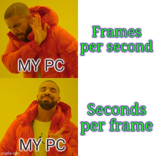My pc be like: | Frames per second; MY PC; Seconds per frame; MY PC | image tagged in memes,drake hotline bling,pc,fps | made w/ Imgflip meme maker
