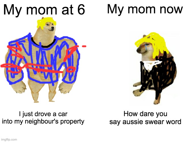 Buff Doge vs. Cheems Meme | My mom at 6; My mom now; I just drove a car into my neighbour's property; How dare you say aussie swear word | image tagged in memes,buff doge vs cheems | made w/ Imgflip meme maker