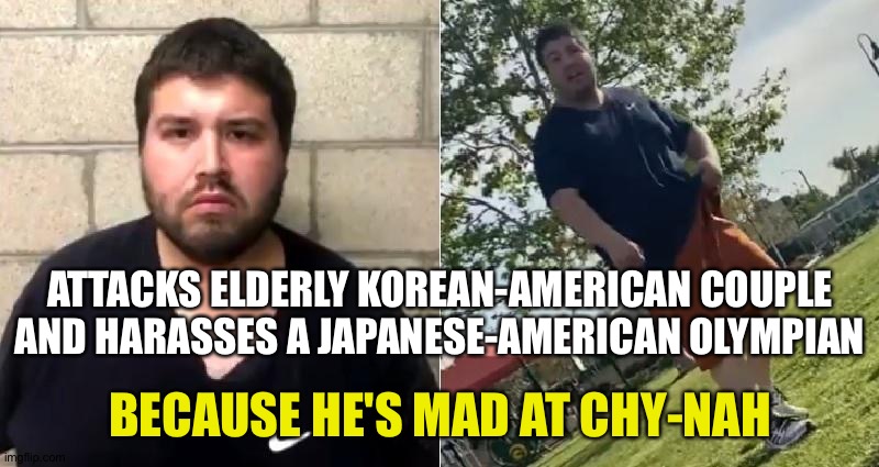 Nuts | ATTACKS ELDERLY KOREAN-AMERICAN COUPLE AND HARASSES A JAPANESE-AMERICAN OLYMPIAN; BECAUSE HE'S MAD AT CHY-NAH | image tagged in michael vivona | made w/ Imgflip meme maker