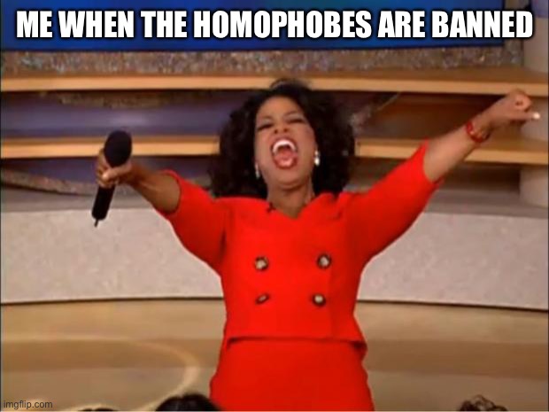 Oprah You Get A | ME WHEN THE HOMOPHOBES ARE BANNED | image tagged in memes,oprah you get a | made w/ Imgflip meme maker