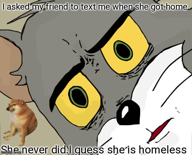 Unsettled Tom | I asked my friend to text me when she got home; She never did.I guess she is homeless | image tagged in memes,unsettled tom | made w/ Imgflip meme maker