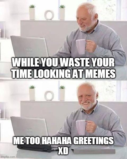 Hide the Pain Harold | WHILE YOU WASTE YOUR TIME LOOKING AT MEMES; ME TOO HAHAHA GREETINGS
XD | image tagged in memes,hide the pain harold | made w/ Imgflip meme maker