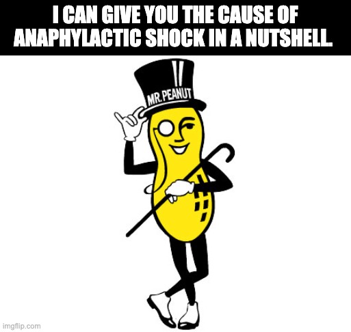 Shock | I CAN GIVE YOU THE CAUSE OF ANAPHYLACTIC SHOCK IN A NUTSHELL. | image tagged in mr peanut | made w/ Imgflip meme maker