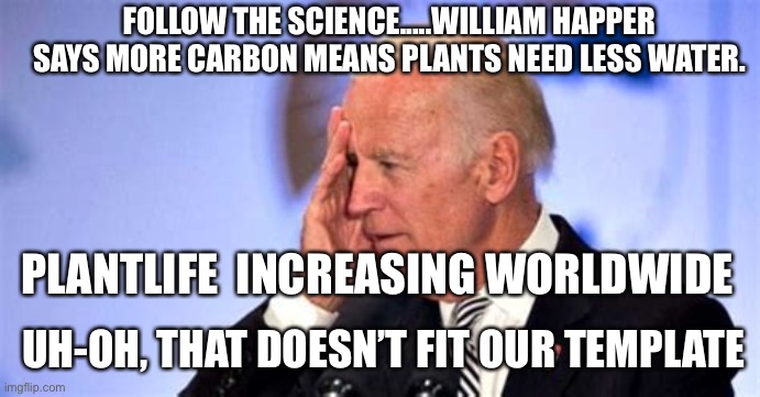 Man-made climate change hoax | FOLLOW THE SCIENCE.....WILLIAM HAPPER SAYS MORE CARBON MEANS PLANTS NEED LESS WATER. PLANTLIFE  INCREASING WORLDWIDE; UH-OH, THAT DOESN’T FIT OUR TEMPLATE | image tagged in confused biden,climate change,hoax | made w/ Imgflip meme maker