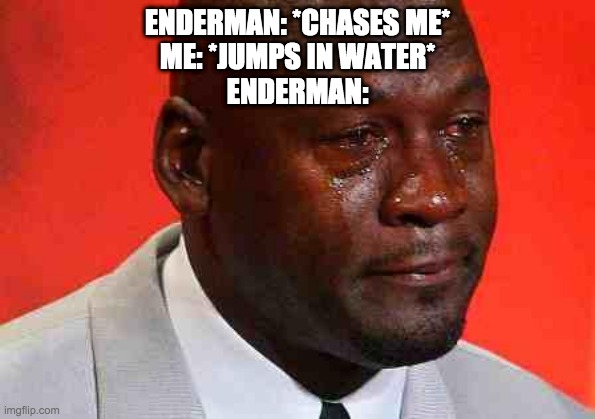 Enderman be like | ENDERMAN: *CHASES ME*
ME: *JUMPS IN WATER*
ENDERMAN: | image tagged in crying michael jordan | made w/ Imgflip meme maker