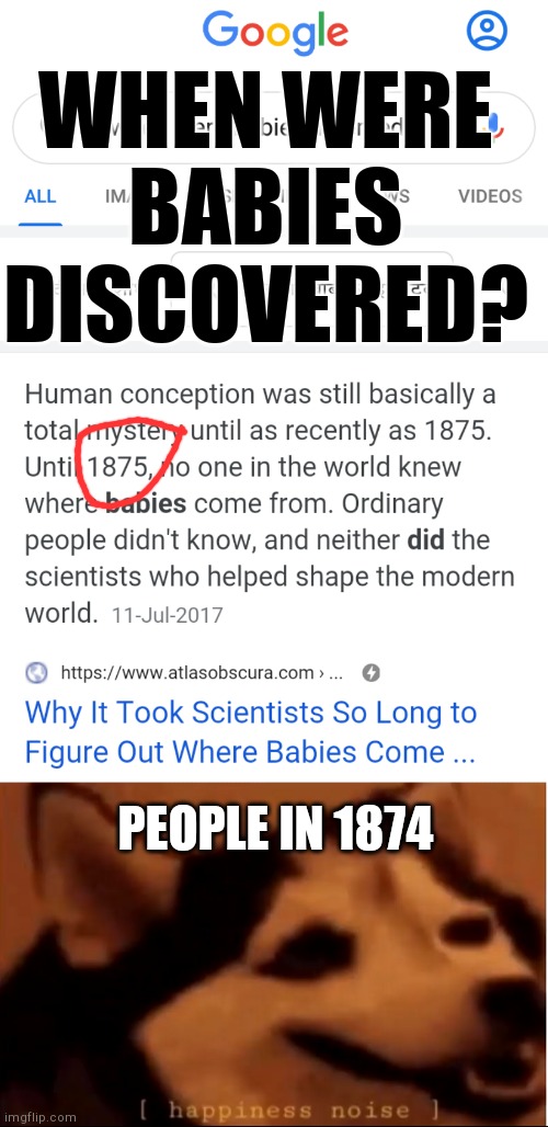 Also what the heck? I thought it would be like before 3 million years | WHEN WERE BABIES DISCOVERED? PEOPLE IN 1874 | image tagged in hapiness noise,google search | made w/ Imgflip meme maker