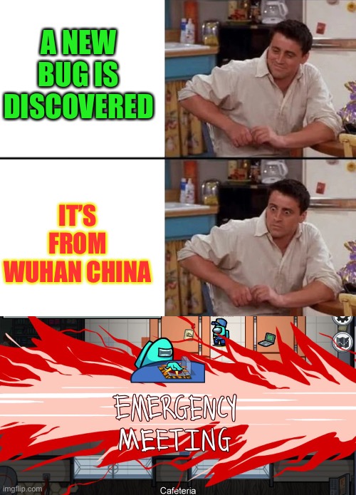 A NEW BUG IS DISCOVERED; IT’S FROM WUHAN CHINA | image tagged in surprised joey,wuhan,china,coronavirus,covid,kung flu | made w/ Imgflip meme maker