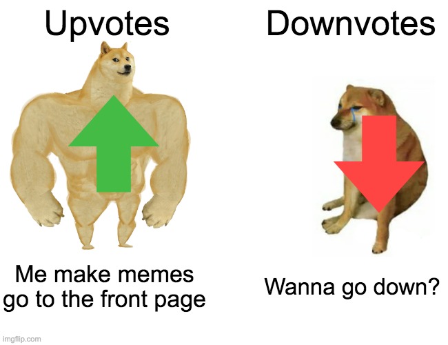 Buff Doge vs. Cheems | Upvotes; Downvotes; Me make memes go to the front page; Wanna go down? | image tagged in memes,buff doge vs cheems | made w/ Imgflip meme maker