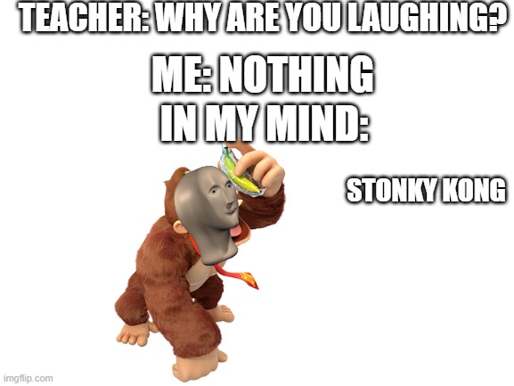 Blank White Template | TEACHER: WHY ARE YOU LAUGHING? ME: NOTHING; IN MY MIND:; STONKY KONG | image tagged in blank white template | made w/ Imgflip meme maker