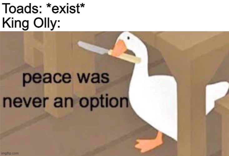 Hippity hoppity your paper body is my property | Toads: *exist*
King Olly: | image tagged in untitled goose peace was never an option,memes,funny,paper mario | made w/ Imgflip meme maker