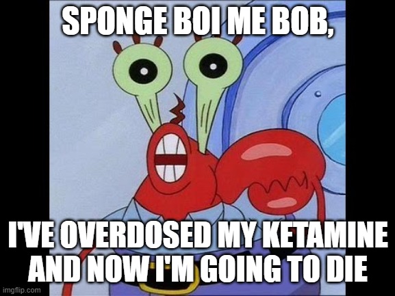 Oh yeah mr krabs | SPONGE BOI ME BOB, I'VE OVERDOSED MY KETAMINE AND NOW I'M GOING TO DIE | image tagged in oh yeah mr krabs | made w/ Imgflip meme maker