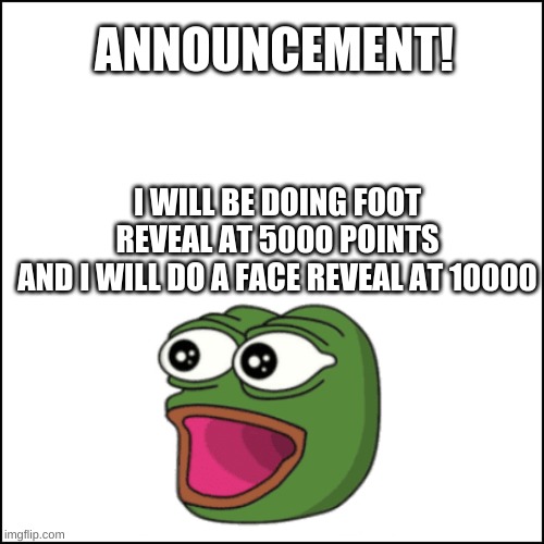 announcement | ANNOUNCEMENT! I WILL BE DOING FOOT REVEAL AT 5000 POINTS
AND I WILL DO A FACE REVEAL AT 10000 | image tagged in blank | made w/ Imgflip meme maker