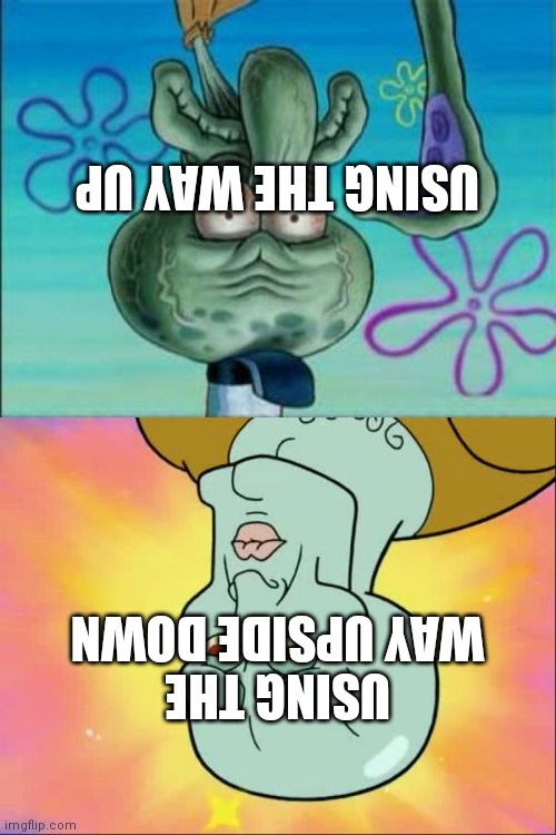 Squidward Meme | USING THE WAY UP; USING THE WAY UPSIDE DOWN | image tagged in memes,squidward | made w/ Imgflip meme maker