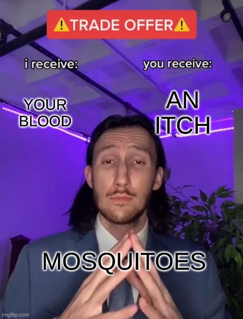 mosquito go ree | AN ITCH; YOUR BLOOD; MOSQUITOES | image tagged in trade offer | made w/ Imgflip meme maker