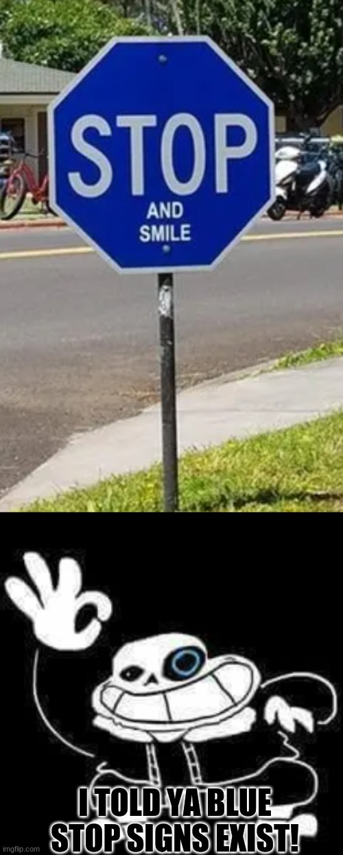 I found this when I was studying alternate universe stuff | I TOLD YA BLUE STOP SIGNS EXIST! | image tagged in sans underpants,stop sign | made w/ Imgflip meme maker