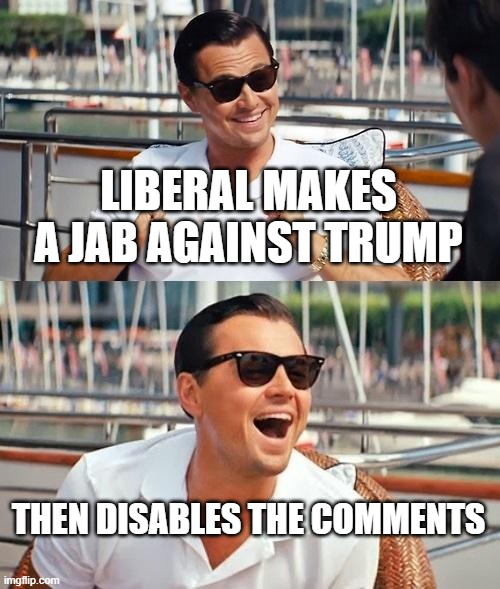 Leonardo Dicaprio Wolf Of Wall Street | LIBERAL MAKES A JAB AGAINST TRUMP; THEN DISABLES THE COMMENTS | image tagged in memes,leonardo dicaprio wolf of wall street | made w/ Imgflip meme maker