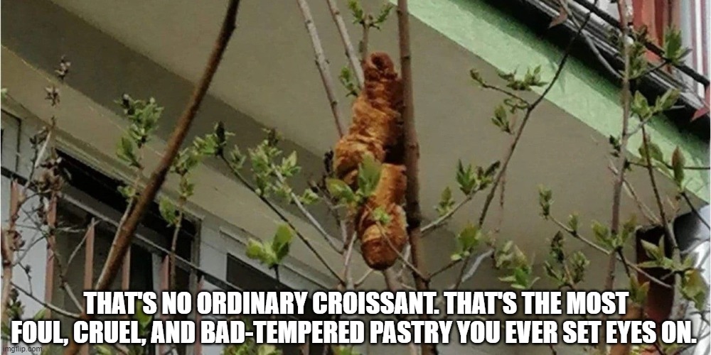 That's No Ordinary Croissant | THAT'S NO ORDINARY CROISSANT. THAT'S THE MOST FOUL, CRUEL, AND BAD-TEMPERED PASTRY YOU EVER SET EYES ON. | image tagged in croissant in tree,croissant | made w/ Imgflip meme maker