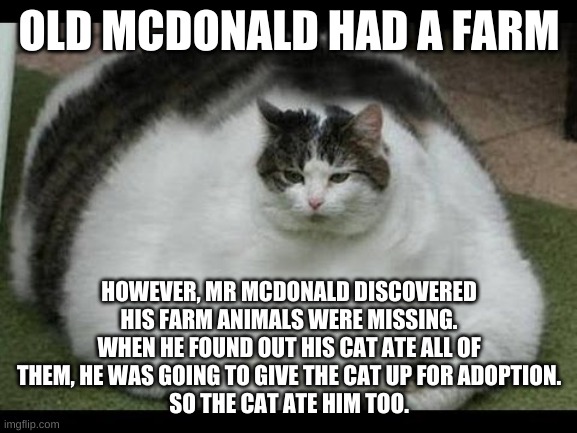 The True Story of Old McDonald's Farm | OLD MCDONALD HAD A FARM; HOWEVER, MR MCDONALD DISCOVERED HIS FARM ANIMALS WERE MISSING. WHEN HE FOUND OUT HIS CAT ATE ALL OF THEM, HE WAS GOING TO GIVE THE CAT UP FOR ADOPTION.
SO THE CAT ATE HIM TOO. | image tagged in fat cat | made w/ Imgflip meme maker