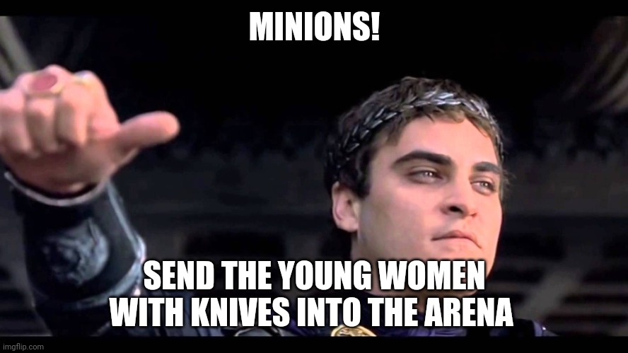 Knife fighting inner city girls | MINIONS! SEND THE YOUNG WOMEN WITH KNIVES INTO THE ARENA | image tagged in gladiator hand,knife,shoot in the leg,racism | made w/ Imgflip meme maker