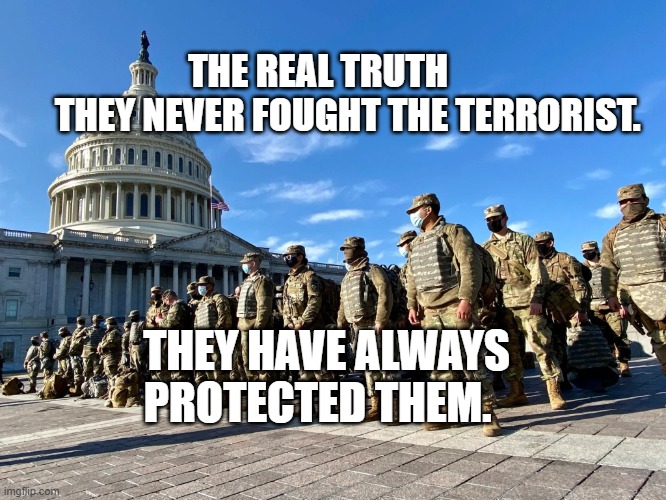 National Guard at US Capital | THE REAL TRUTH          THEY NEVER FOUGHT THE TERRORIST. THEY HAVE ALWAYS PROTECTED THEM. | image tagged in national guard at us capital | made w/ Imgflip meme maker