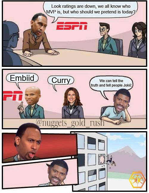 Jokic MVP | Look ratings are down, we all know who MVP is, but who should we pretend is today? Embiid; Curry; We can tell the truth and tell people Jokić | image tagged in memes,boardroom meeting suggestion | made w/ Imgflip meme maker